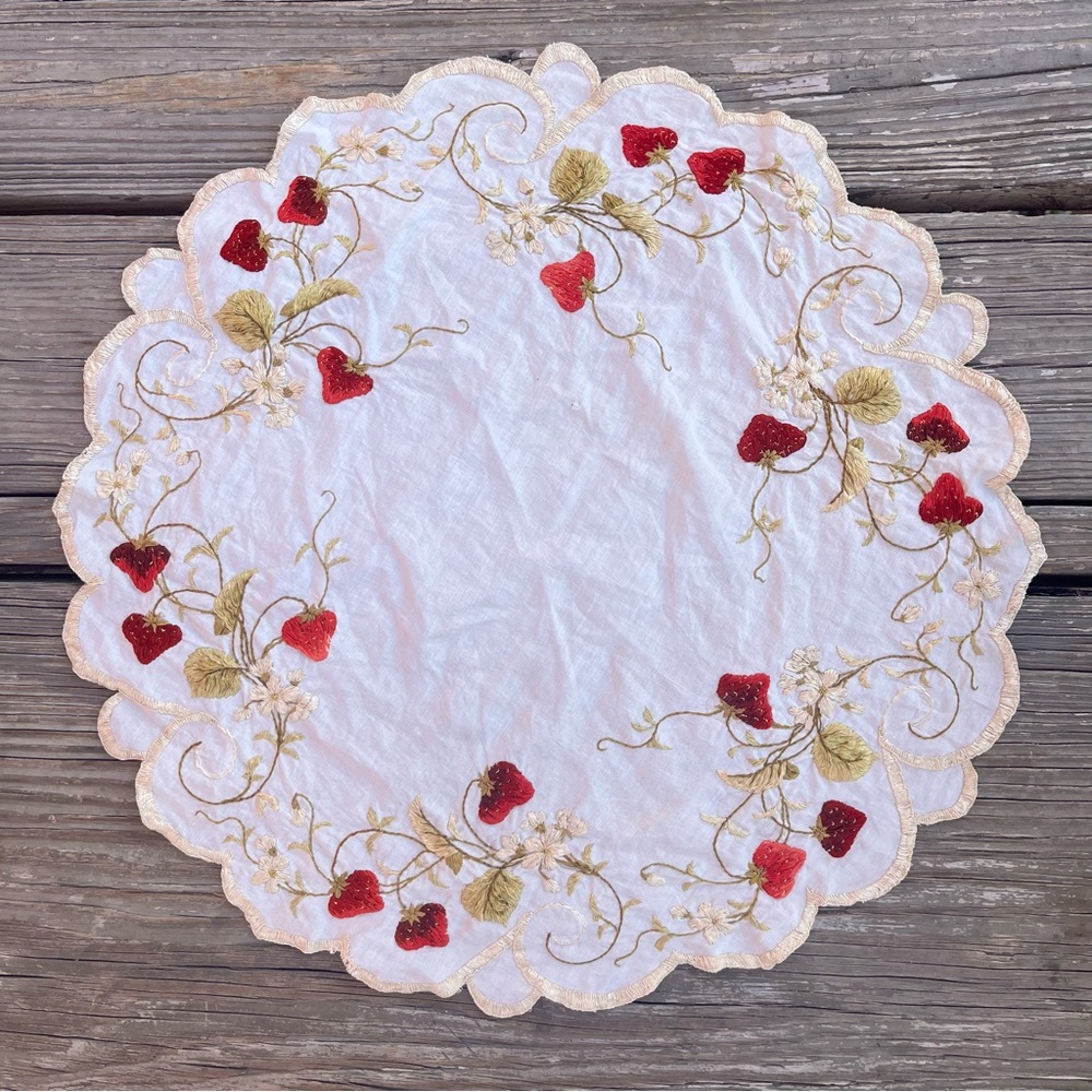Vintage Silk Embroidered Doily Botanical Strawberry Strawberries Mended